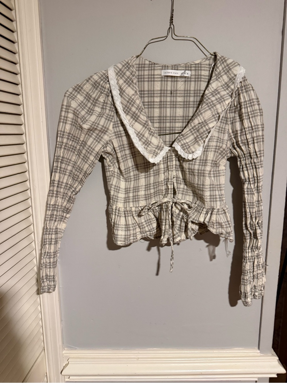 Plaid Peplum Tie-Front Blouse in Beige & White